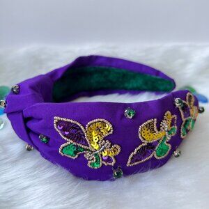 Fleur-de-lis Beaded Knotted Headband NOLA Carnival Style
